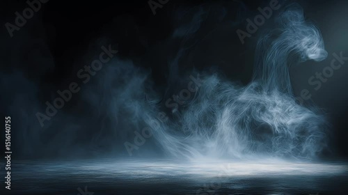 Misty smoke swirling over dark floor with atmospheric fog creating mysterious and eerie swirling fog in dark atmospheric environment