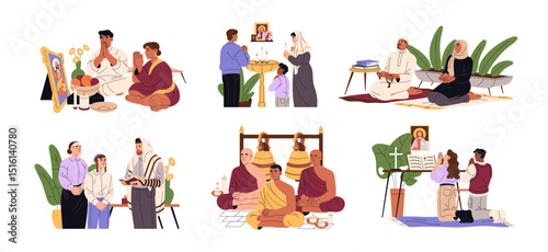 Set of people with different religious confessions. Diverse religions, beliefs: Buddhist, Hinduism, Christian, Islam, Judaism. Families pray, do prayers. Flat isolated vector illustrations on white