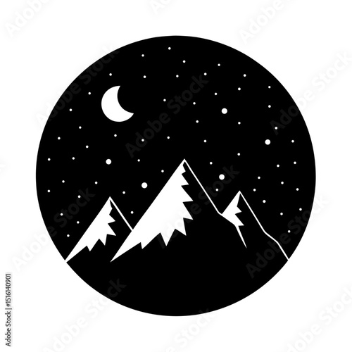 Full Moon Rising Over Mountain Vector Design: Stars Scattering Across the Sky