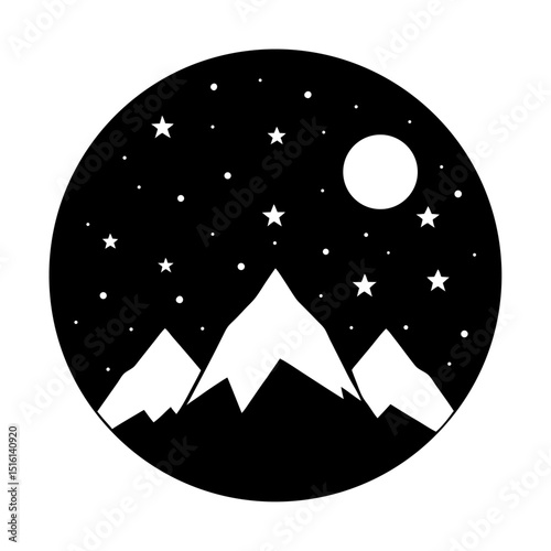 Full Moon Rising Over Mountain Vector Design: Stars Scattering Across the Sky