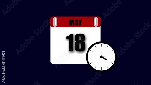 Calendar and clock displaying the date may eighteenth on a dark blue background