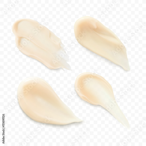 Beige facial cream moisturizer smears set realistic vector illustration. Skincare smudges and strokes beauty cosmetic product texture. Shampoo, hair conditioner, serum.