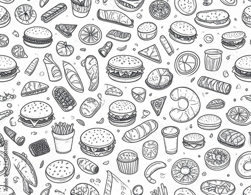 Illustration of various foods drawn with black line doodles, filling the entire canvas, simple and clean style, white background