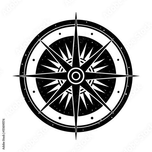 Vintage Black and White Compass Rose | Intricate Nautical Design with Symmetrical Engraving