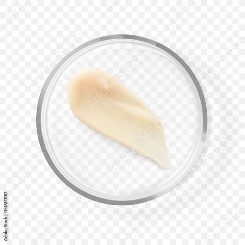 Glass petri dish with beige hair conditioner smear isolated realistic vector illustration. Concept beauty hair care and skin care cosmetic laboratory tests and research