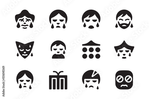 A collection of twelve diverse crying face icons, each exhibiting unique expressions and styles.