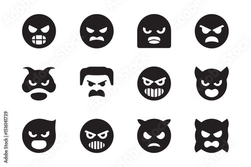 A collection of twelve diverse angry emoticon illustrations, each displaying a unique facial expression and features.