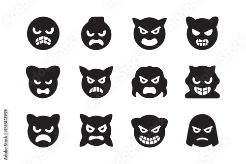 A collection of twelve diverse angry emoticons, each exhibiting unique features and expressions, ideal for various digital communication platforms.