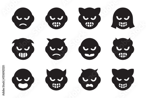 A collection of twelve angry emoticon illustrations, each with unique features and expressions, suitable for various design purposes.