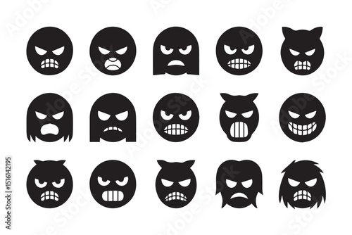 A collection of sixteen diverse angry emoticon illustrations, each exhibiting unique features and expressions.