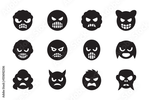 A collection of twelve diverse angry emoticon illustrations, each with unique characteristics and expressions, suitable for various digital applications.