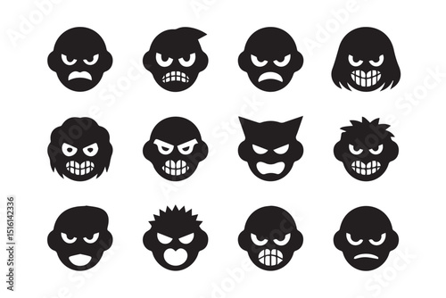 A collection of twelve diverse angry face icons, each showcasing unique hairstyles and expressions, ideal for various design applications.
