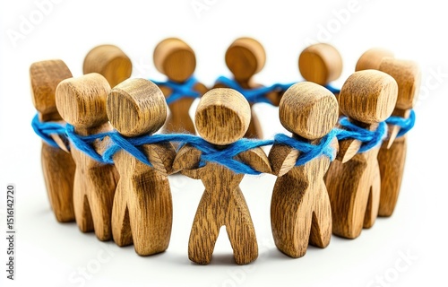 Wooden figures, light brown in color, arranged in a circle, connected by thin, light blue strings.  A sense of unity and togetherness is evident