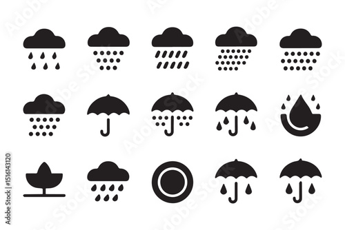Collection of weather icons depicting various types of rain and umbrellas for protection, suitable for weather apps or websites.