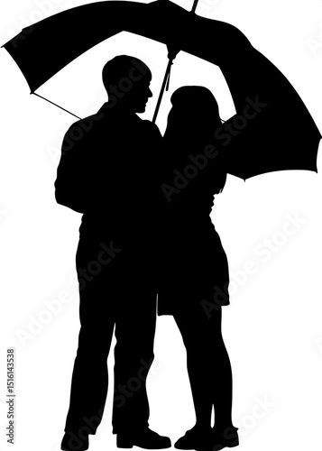 A black and white silhouette of a couple embracing under an umbrella. They stand close together, with the umbrella centered above them, sheltering their embrace. The man’s hand rests on the woman’s ba