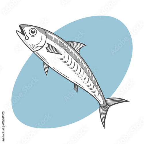 Sardine fish on a blue sea background. Simple illustration of sardine. Sketch illustration.