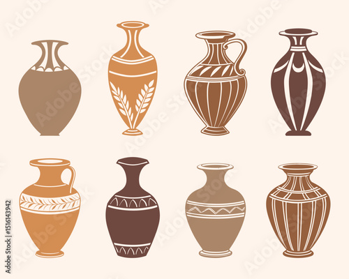 Collection of hand drawn antique vases and amphoras. Illustration in pastel colors.