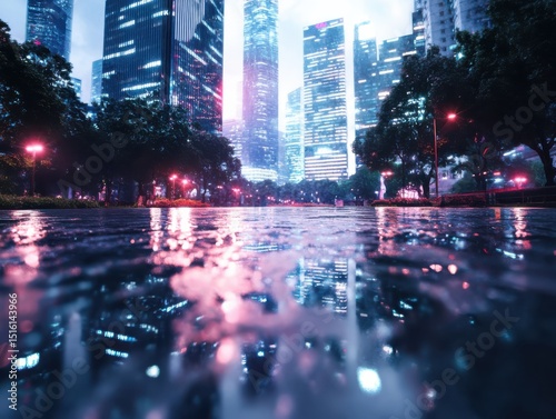 Rainy night cityscape urban skyline photography reflective surfaces low angle modern architecture