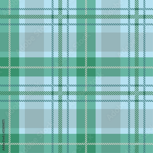 Seamless blue, green, and white plaid tartan check seamless pattern with intersecting lines and squares. textile blue, green, gray