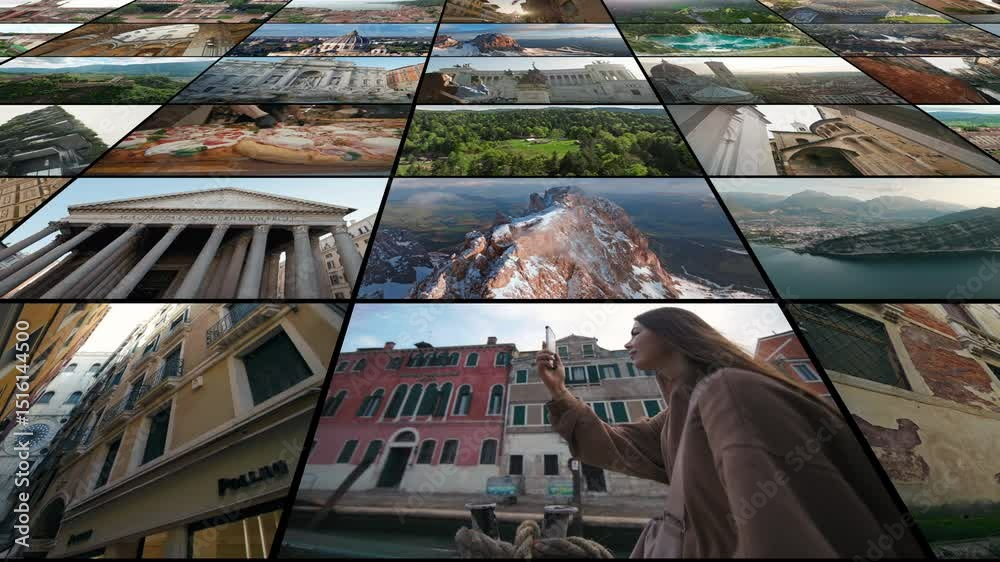 Collage of videos of a walk through the tourist points of the cities of Italy. Famous places, architecture of ancient buildings, streets and urban landscape in tourist Europe.