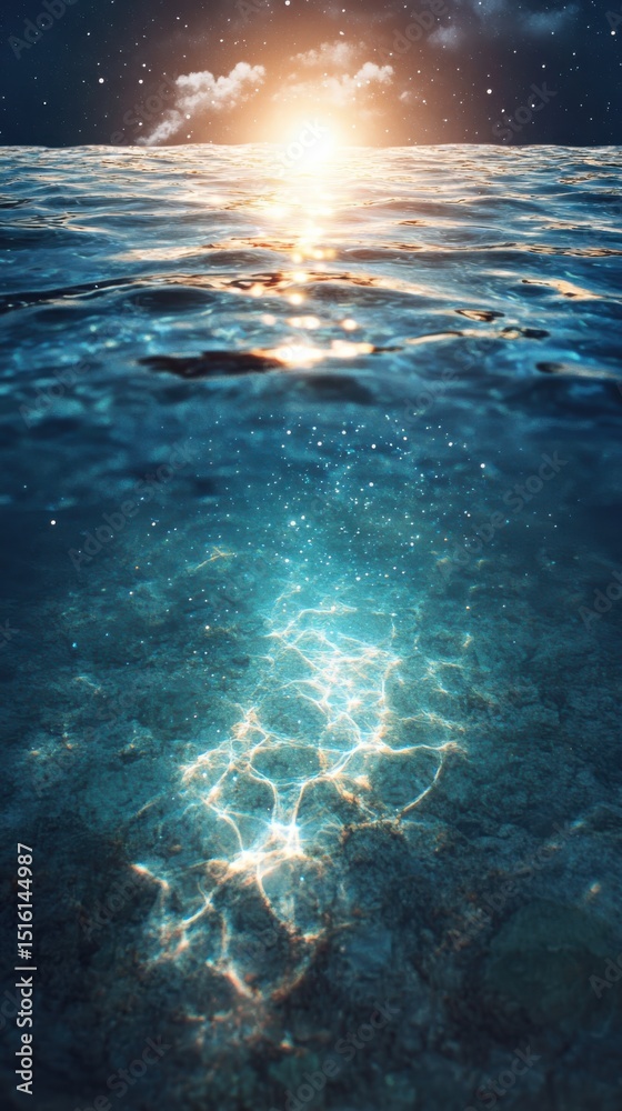 Fototapeta premium Sunset reflection over tranquil ocean waters coastal paradise high-resolution image serene atmosphere aerial perspective