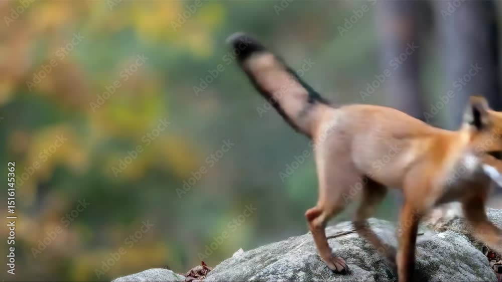 Red fox navigating rugged woodland landscape, displaying curious demeanor while moving through natural forest environment with alert posture and keen observational skills Red fox navigating rugged woodland landscape, displaying curious demeanor while moving through natural forest environment with alert posture and keen observational skills