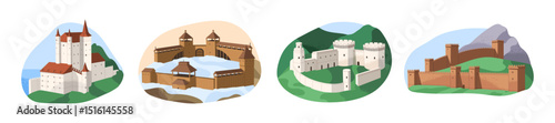 Fortresses set. Kingdoms, strongholds, defense forts, bastions. Old buildings with towers, stone and wooden walls. Architecture of medieval royal castles. Flat isolated vector illustrations on white