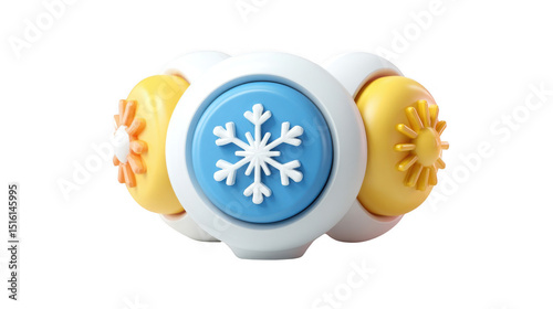 3d rendering featuring a smart thermostat dial with a central snowflake icon, accompanied by a sun and a stylized flower, symbolizing temperature control and energy efficiency