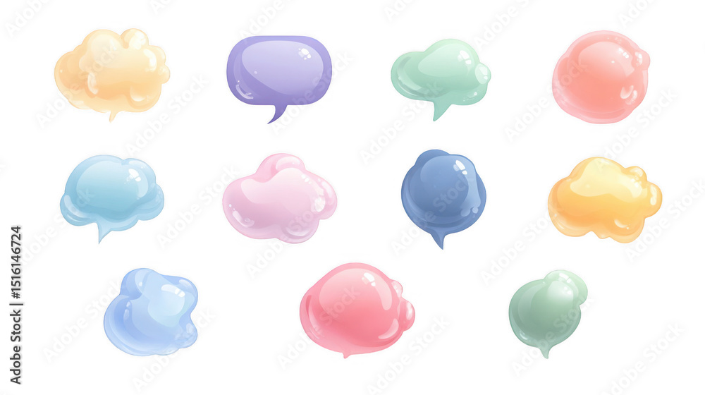Obraz premium Twelve colorful glossy speech bubbles of different shapes floating on a transparent background, creating a playful and dynamic composition ideal for communication and messaging concepts