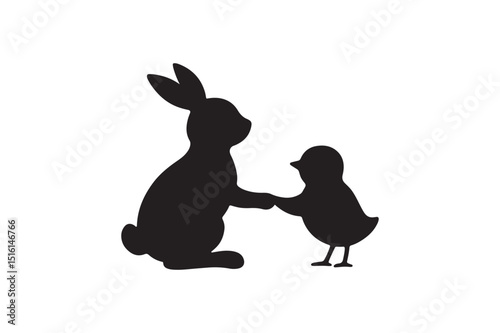 Bunny and chick handshake silhouette vector art illustration on white background