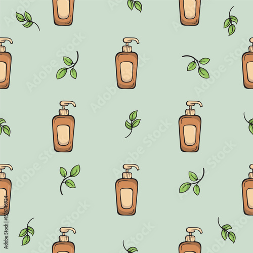 Liquid soap, dispenser with cosmetic product. SPA procedures. Vector seamless pattern. Bright illustration for background, print, wrapping paper. Repeating pattern on green background