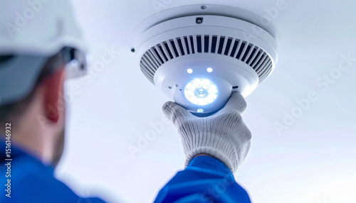 Worker installing a modern smoke detector with bright LED lights on a white ceiling for enhanced safety.