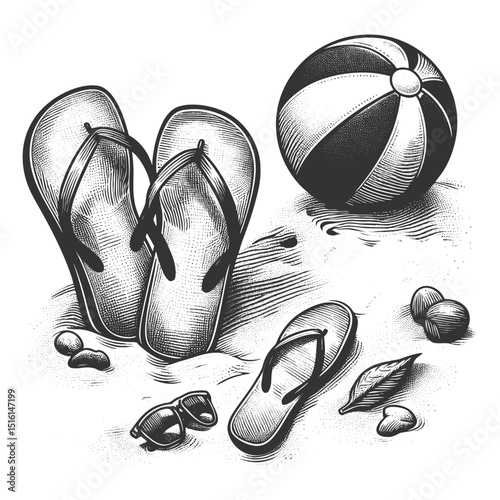 flip flops and a beach ball surrounded by pebbles, evoking summer fun and a relaxed beach vibe sketch engraving generative ai vector illustration. Scratch board imitation. Black and white image.