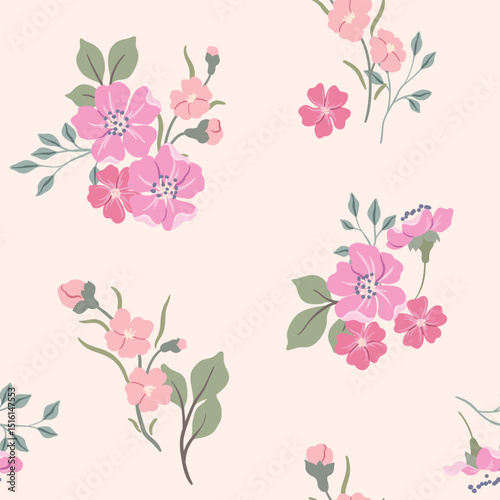 Seamless floral pattern, delicate ditsy print of pretty pink flowers. Romantic botanical design of small hand drawn flowers, tiny leaves, simple gentle bouquets on light surface. Vector illustration.