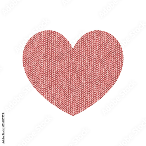 Red knitted heart isolated. Painted in watercolor.