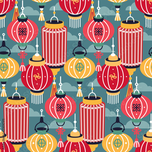 Seamless pattern with traditional Chinese lanterns. Abstract wallpaper print, graphic surface design with ornate composition of decorative red paper lanterns on sky background. Vector illustration.