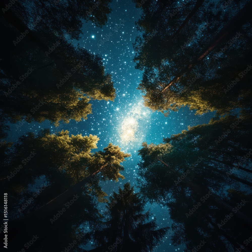 Obraz premium Stargazing adventure enchanted forest night sky nature below canopy celestial beauty