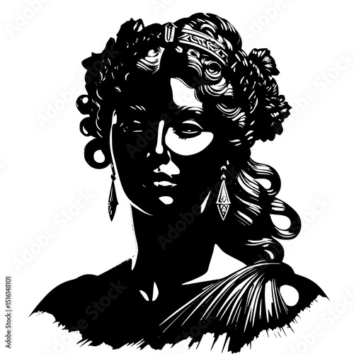 A fashion illustration of a woman's face with long hair adorned with beautiful flowers, showcasing glamour and beauty