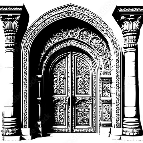 Moroccan antique ancient ornate architecture wood entrance with arch and gold detail