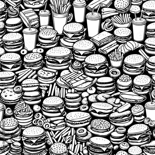 Colorful seamless pattern of coffee and tea cups with sweets and desserts in a decorative cafe style