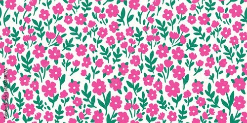 Seamless floral pattern, liberty ditsy print of pretty hand drawn meadow. Cute botanical design of small pink flowers, tiny green leaves, simple plants in abstract composition. Vector illustration.