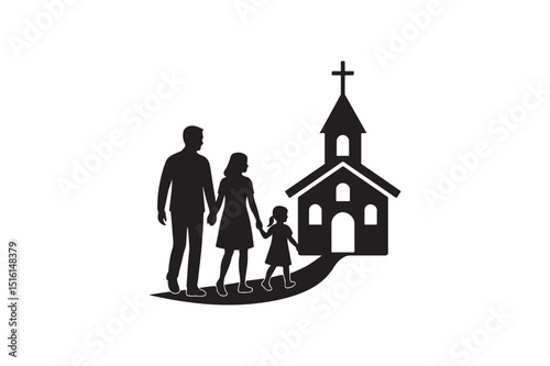 Family walking to church silhouette vector art illustration on white background