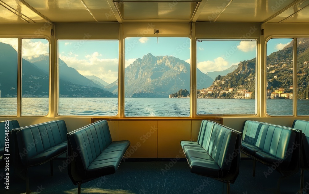 Fototapeta premium Ferry interior with lake and mountain views