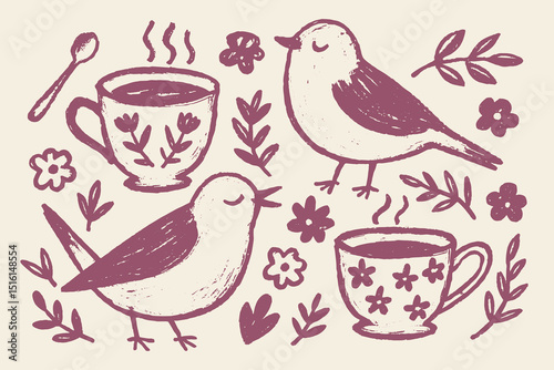 birds tea cups folk naive pink vector illustration
