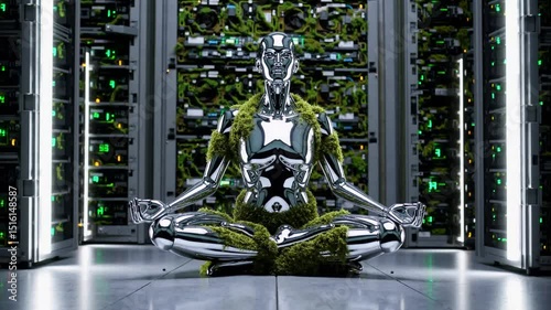 Chrome humanoid robot in lotus pose covered with moss in server room surrounded by technology. Concept: artificial intelligence, digital nature, balance, future