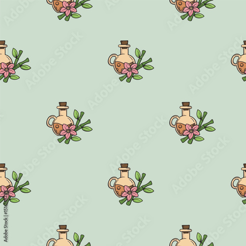 Aroma oil bottle, lotus flower and bamboo branches. SPA water treatments. Vector seamless pattern. Bright illustration for background, print, wrapping paper. Repeating pattern on green background