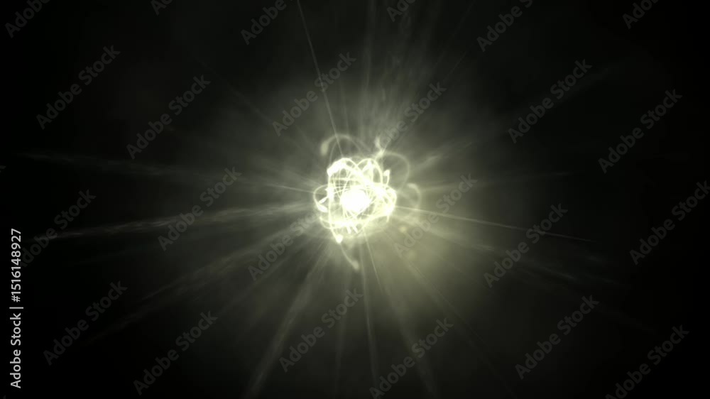 Atomic structure simulation with active electron paths, radiation spikes and cloud emanating from the core.