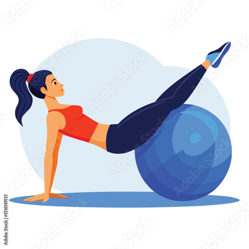 Woman exercising with a blue fitness ball in a workout pose