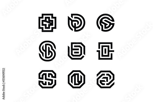 A collection of nine unique black and white geometric letter logos designs