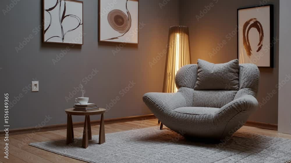 Modern living room corner with cozy gray chair, round side table, warm floor lamp, and abstract wall art. Minimalist and stylish interior. Concept: home decor, relaxation